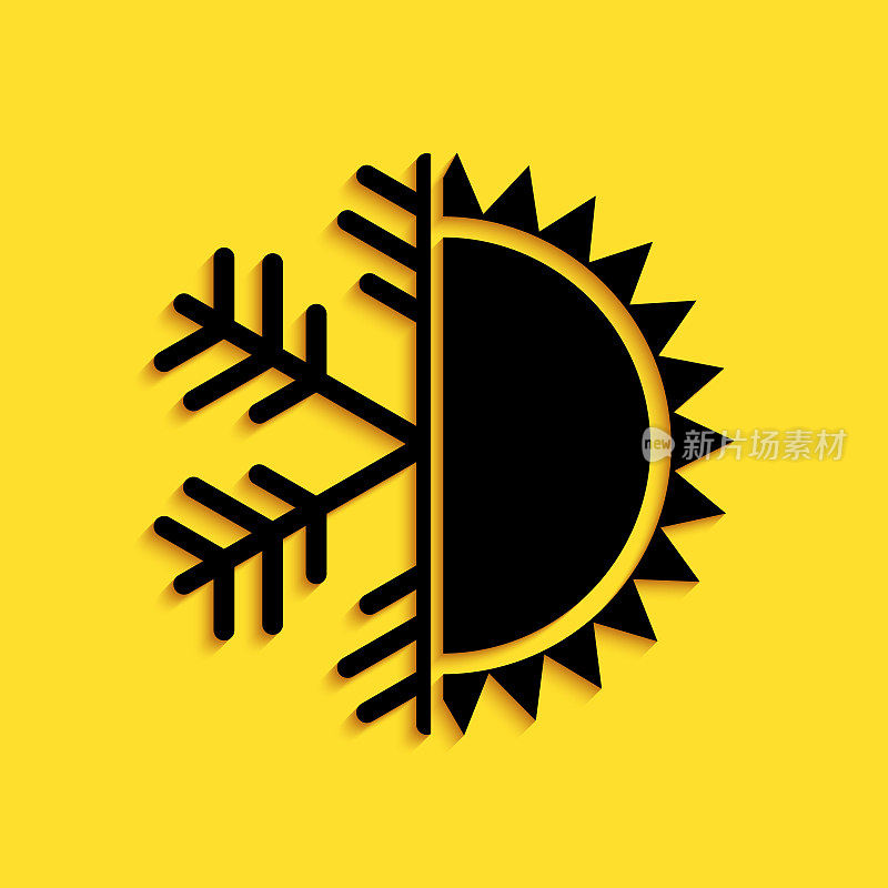 Black Hot and cold symbol. Sun and snowflake icon isolated on yellow background. Winter and summer symbol. Long shadow style. Vector